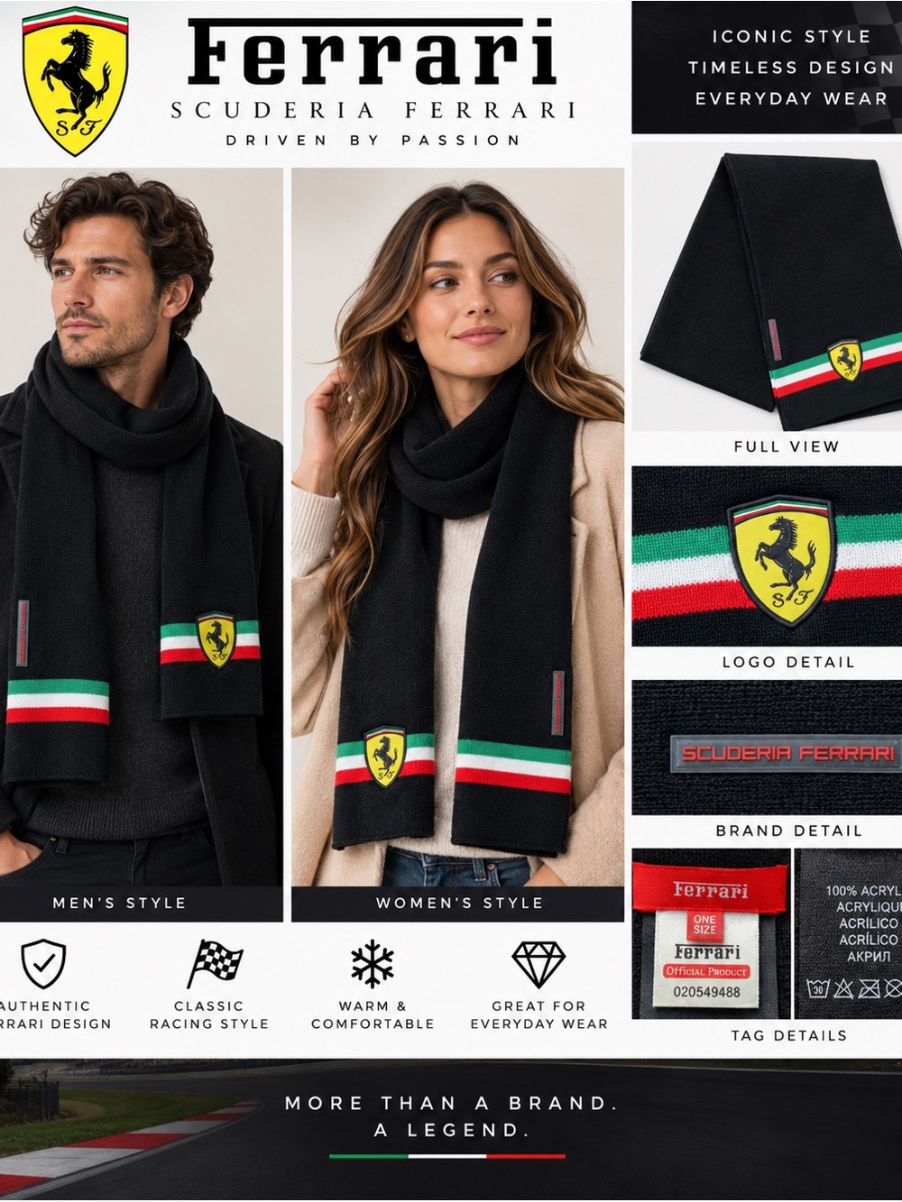 Scuderia Ferrari Official F1 Black Knit Scarf Italian Stripe Logo 65"